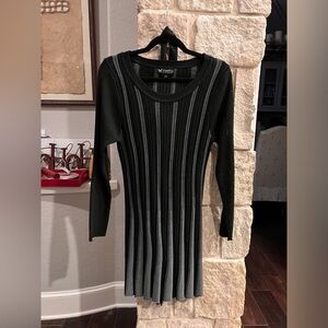 Papillon black and gray ribbed long sleeve knit dress with scarf